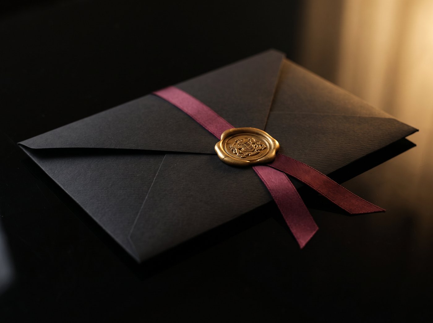 A sealed black contract with a gold wax seal